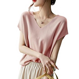 Ailiyumo Women's Summer Knit, Short Sleeve, Cut and Sewn, V Neck, Solid Color, Sweater, Loose, Thin, Stretch, French Sleeve, Slimming, Work, Spring, Autumn, Pink