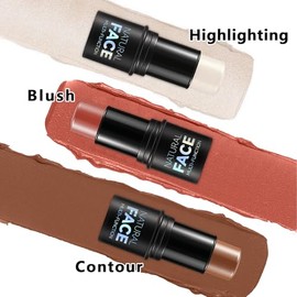 Kit de maquillaje en barra de contorno en crema de 3 piezas, tonos con barra iluminadora, barra de rubor y barra de contorno bronceador para esculpir 