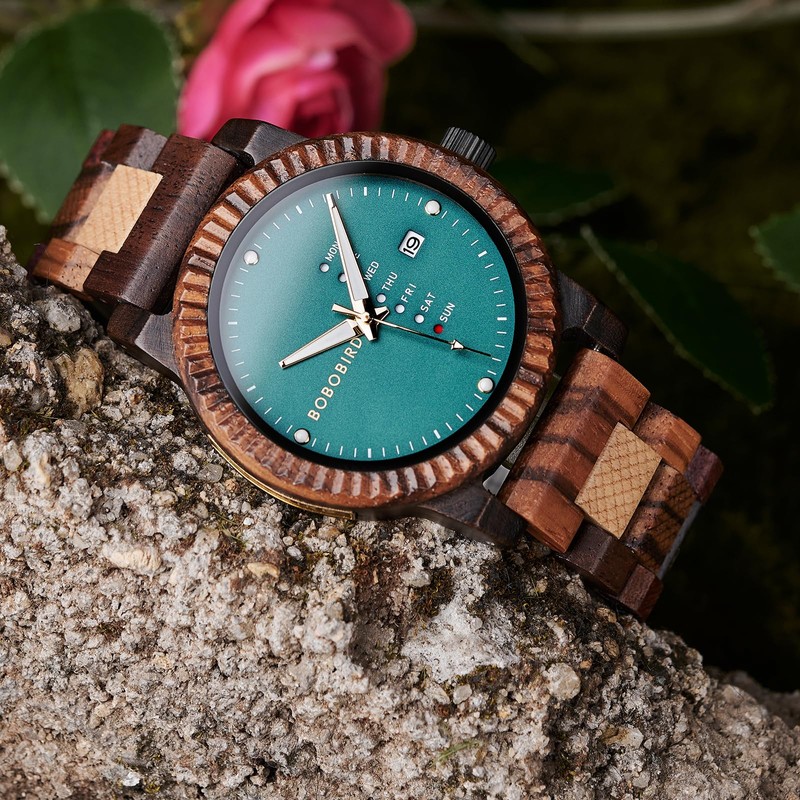 BOBO BIRD Mens Wooden Watch Analog Quartz with Week Display