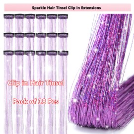 Obinying Clip in Hair Tinsel Pack of 18 Pcs Hair Tinsel Clip in 20.5 Inch Glitter Tinsel Hair Extensions Fairy Hair Tinsel Kit Clip in Party Festival Hair Accessories for Girls Women Kids (Purple)