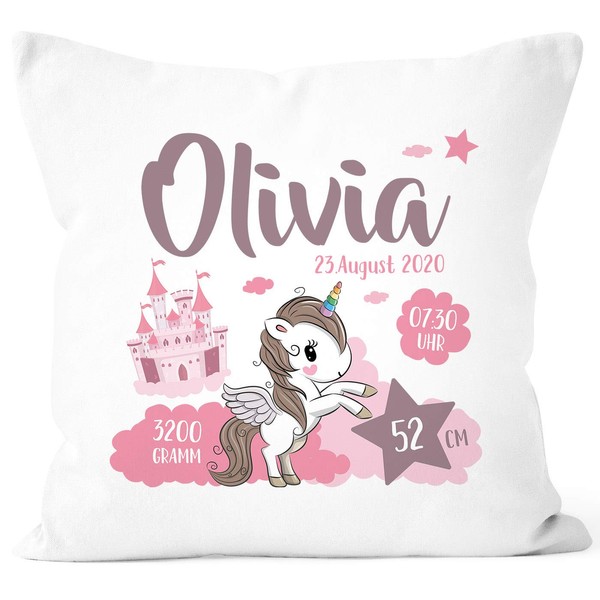 SpecialMe® Personalised Pillow for Birth Unicorn Birth Pillow with Name Gift Birth Baby Girl White 40 cm x 40 cm