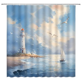 Lighthouse Shower Curtain Nautical Coastal Sailboat Seaside Seascape Seagull Oil Painting Fabric for Bathroom Decor Bathtub with Hooks(70" WX70 H)