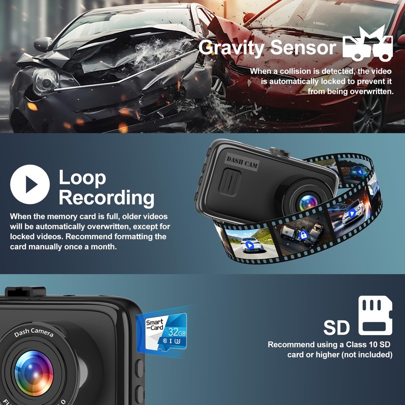 1080P Front Dash Cam, Dashboard Camera Recorder for Cars, NO