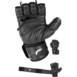 Elite Leather Gym Gloves with Built in 2" Wide Wrist Wraps Best Leather Glove Design for Weight Power Lifting Bodybuilding & Strength Training Workout Exercises (Black, Large)
