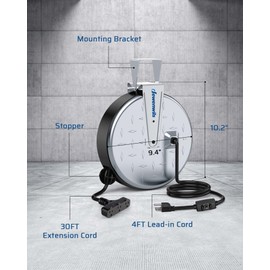 DEWENWILS 30 Ft Retractable Extension Cord Reel, Ceiling/Wall Mount 16/3 Gauge SJTW Power Cord with 3 Electrical Outlets Pigtail for Garage and Shop, 10 Amp Circuit Breaker, Metal Plate, UL Listed