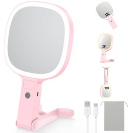 Gospire 6.8" Travel Vanity Mirror, 3-in-1 Hanging/Handheld/Desktop Use with Dual-Side Buttons, 1X/10X Magnification, 3-Color Dimmable LED, Auto Memory + Velvet Pouch (Pink)