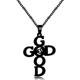 Black Stainless Cross Necklace, Initial Good God Crucifix Cross Pendant Religious Jewelry for Men or Women (Black)