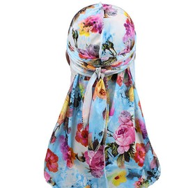 Floral Print Men Soft Silk Durag Long Tail Straps Spandex Wave Cap Bandanas Hat (Blue)
