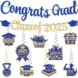 GINFTBRZGV Blue and Gold Graduation Banner 2025, Congrats Grad Class of 2025, 10pcs Set, Indoor/Outdoor, Standard Banner, Wall Mount