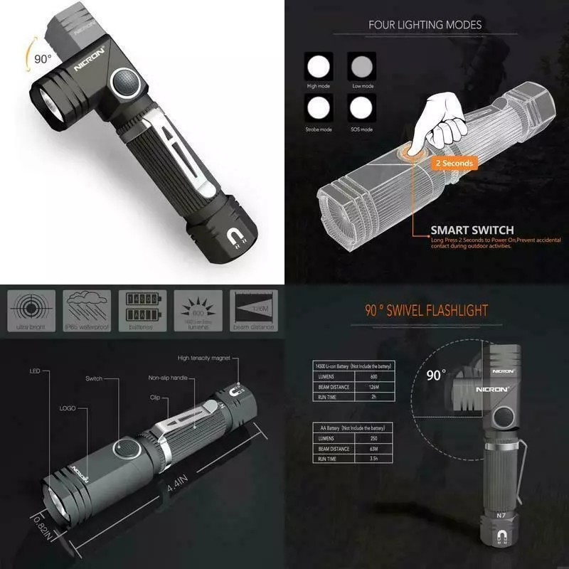 NICRON Qty(1Pc) Nicron N7 600 Lumens Tactical Flashlight, 90 Degree