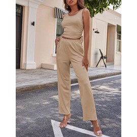 Ekouaer Women's 3 Piece Knit Lounge Set Pajama Long Sleeve Cardigan Sleeveless Top Pants SweatsuitKhakiX-Large