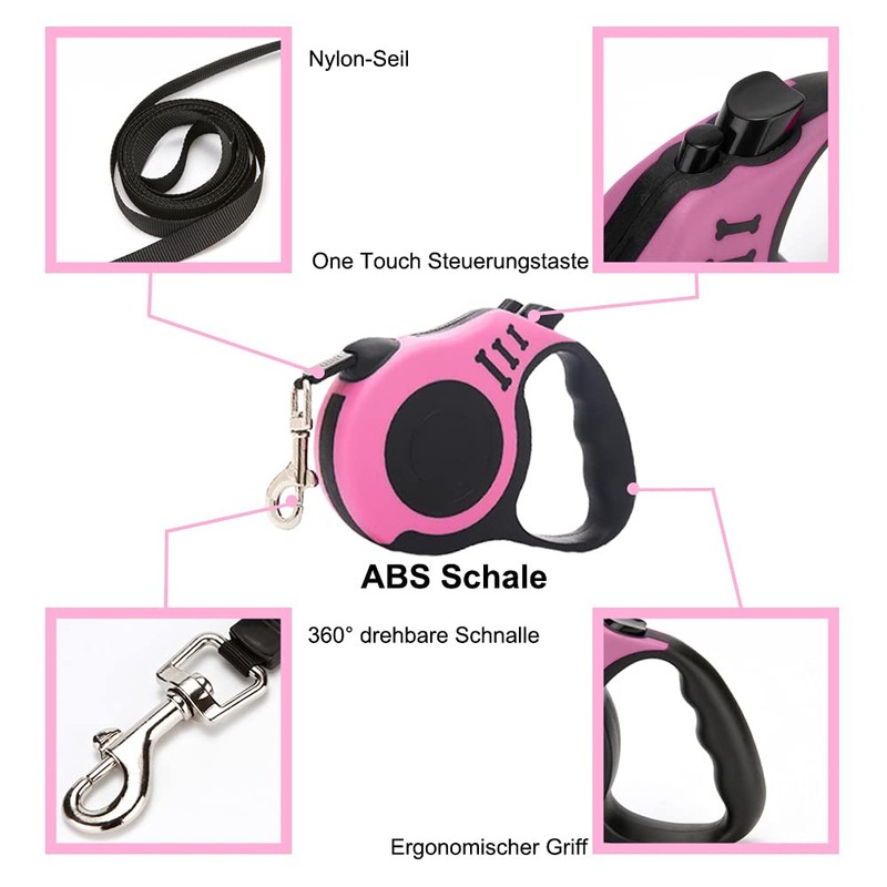 Retractable Dog Lead for Small, Medium and Large Dogs, Pink,