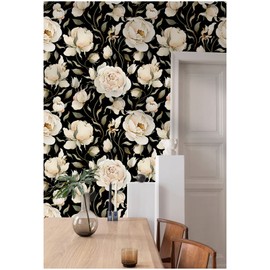 HAOKHOME 93242-1 Peel and Stick Wallpaper Floral Vintage Roses Peonies Contact Paper Removable Black/Beige/Olive Self Adhesive Mural 17.7in x 6.5ft
