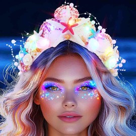 DRESBE Light Up Starfish Seashell Crown LED Mermaid Tiara Headband Summer Beach Hair Accessories for Women