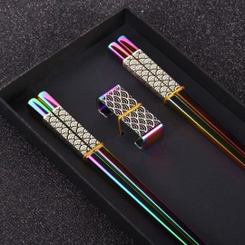 TIICOO Metal Chopsticks Reusable 2 Pairs Titanium Stainless Steel 18/8 Chopsticks with Holder, Dishwasher Safe Lightweight Japanese Style Chopsticks Gift Set(Rainbow)