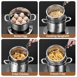 GOLDEN KEY Deep Fryer Pot with Strainer Lid 4.0L/4.2QT 304 Stainless steel Large Capacity Multi-function Cooking Pot with Strainer Basket for Kitchen Camping