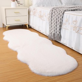 Fluffy Synthetic Rabbit Fur Area Rug Furry Floor mat Machine Washable Non-Slip Backing High Density Floor and Sofa Seat Cushions for Living Room White and Blue 2x6 ft