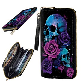 BWEGRHE Women's Clutch Purse with Wrist Strap, Sugar Skull Roses Slim PU Leather Cell Phone Zipper Wallet Credit Card Holder Bifold Wallet
