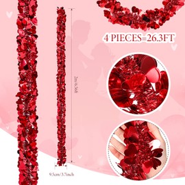 Valentines Shiny Heart Tinsel Garland 6.56 Feet Each Metallic Tinsel Twist Garland for Christmas Tree Ornaments Wreath Wedding Party Hanging Decoration(Red,4 Pieces)