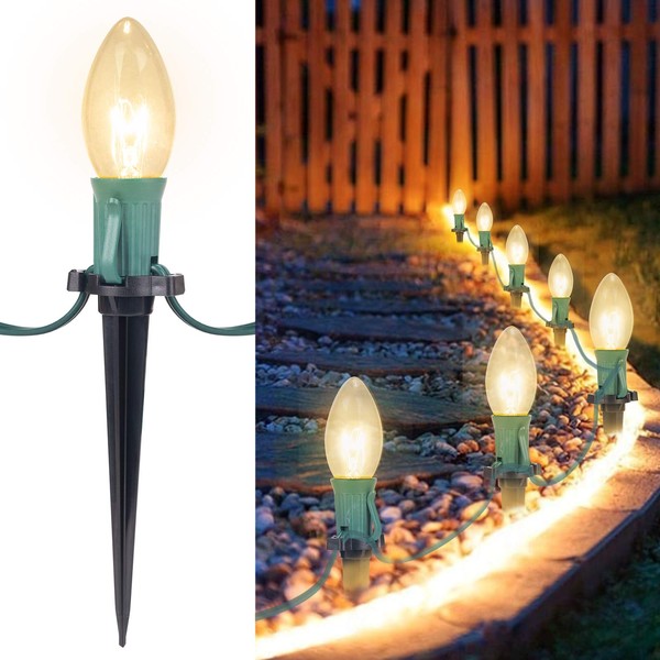 Christmas Pathway String Lights Outdoor 25.7 Feet C9 20 Clear Lights Warm White with 20 Stakes Extendable Waterproof for Outdoor Walkway Lights Driveway Christmas Lights Use UL Listed