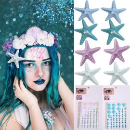 10 Pcs Starfish Hair Clips Shell Face Gems Rhinestone Stickers Colorful Starfish Hairpins Beach Mermaid Costume Accessories with Shell Rhinestone Stickers for Women Girls