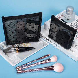 Fassave 6 Pack Mini Zipper Mesh Makeup Bags, Heart Print Nylon Cosmetic Bags Toiletry Bags for Office Travel Organization (Widened-Black, XS)