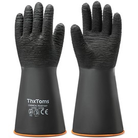 ThxToms Heavy Duty Rubber Gloves, Industrial Chemical Resistant Gloves Waterproof Reusable Protective Work Gloves for Cleaning, Dishwashing,Upgraded with Non-Slip Design, Black, 14" 1 Pair