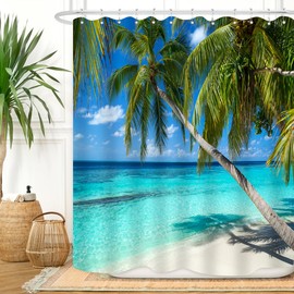 ZXMBF Ocean Shower Curtain Palm Trees Beach Summer Seaside Tropical Island Coastal Landscape Waterproof Polyester Fabric Home Bathroomdecor 12PCS Plastic Hooks, SH-104, 60L*72W inches
