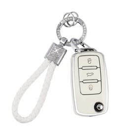 PIFOOG Key Fob Cover for Volkswagen VW Car Keychain Tiguan Jetta Beetle Passat Golf GTI Accessories Cute TPU Smart Keys Case Shell Protector Bling Crystal Girly Women White