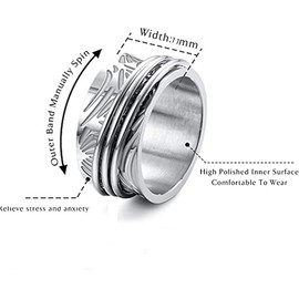 Stainless Steel Flower Pattern Wide Style Rotating Spinner Anxiety Pressure Rlief Band Ring (Silvery, 9)