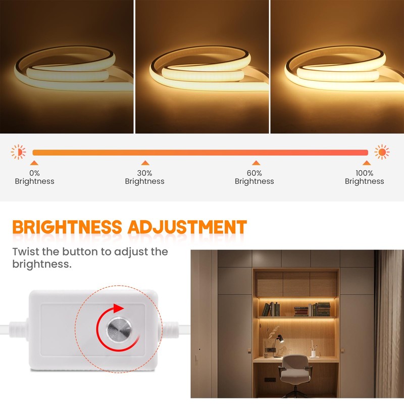 HEGEHE Dimmable COB Neon Strip with Dimmer Switch, IP65 Waterproof