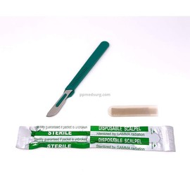 Disposable Scalpels Sterile Surgical Blade Size 21 Stainless Steel with Plastic Handle & Metric Line Individually Foil Wrapped Box of 50