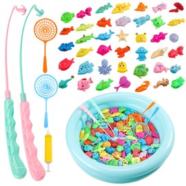 Fishing Game for Kids, 58 PCS Magnetic Fishing Game Set with 2 Pole Rods, 2 Net, 1 Inflatable Pool, 1 Inflator, 52 Toy Fish, Paddling Pool Toys for 3 4 5 6 Year Old Toddlers