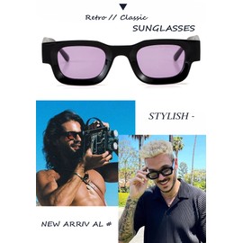 Teumire Retro Rectangle Polarized Sunglasses for Small Face Women Men Chunky Square Thick Frame Glasses UV400 Protection(Black/Clear Purple)