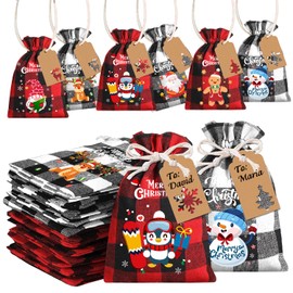 JOISHOP 12pcs Christmas Burlap Gift Bags, Small Christmas Candy Gift Bags Christmas Jute Linen Drawstring Bags Sack Pouch with Tags for Christmas Supplies
