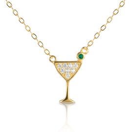 Diamond Treats Dainty Gold Cocktail Glass Necklace in 925 Sterling Silver, Cute Cocktail Glass Pendant Necklace for Women and Teenage Girls with Cubic Zirconia Stones, Gold Jewellery for Women