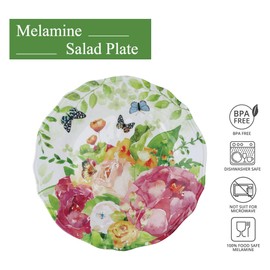 UPware Melamine Salad Plate Set of 6, BPA-Free Dishwasher Safe Round Plates Salad Dishes for Risotto, Pasta, and Salad, 8.75 Inch Salad Plates (Rose Garden)