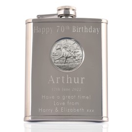 Mens 70th Birthday, Stainless Steel Engraved Hip Flask with Solid Pewter Horse Racing Feature, Men's Birthday