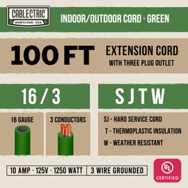 Cablectric 3 Outlet Outdoor Extension Cord 100 ft, SJTW 16 AWG Heavy Duty Green Extension Cord with Multiple Outlets Pigtail, Weatherproof Exterior Cable 3 Prong for Landscaping, Garden, Lawn & Yard