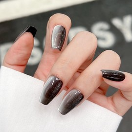 Pure Handmade Nails Press on Nail Reusable Fake Nails Black CatsEyes Bling Bling Nude Medium Stick on Nails French Tip False Nails 10pcs (L, Q284)