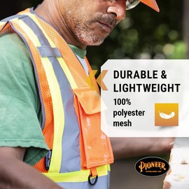Pioneer Hi Vis Traffic Mesh Safety Vest for Men - Breathable - High Visibility Reflective Tape - 9 Pockets - Class 2 - Orange - 2X-Large