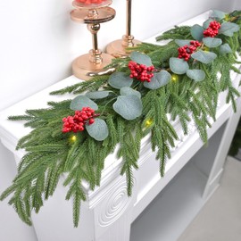 Konosnd Real Touch Norfolk Pine Garland with Lights, Red Berries and Eucalyptus Leaves, Christmas Garland for New Year and Home Decoration, 6FT