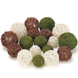 USMOLA - 18 piezas de bolas decorativas para cuenco de centro de mesa, 6 piezas de bolas de musgo artificial + 12 piezas de bolas de mimbre de ratán, bolas decorativas de musgo artificial, rellenos de