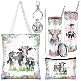 Abbylike 4 Pcs Dairy Cow Gifts for Women Highland Cow Horse Pig Cow Animal Lover Gifts Stainless Steel Tumbler with Straw Lid Metal Keychain Canvas Tote Bag Cosmetic Bag Gifts for Christmas Birthday