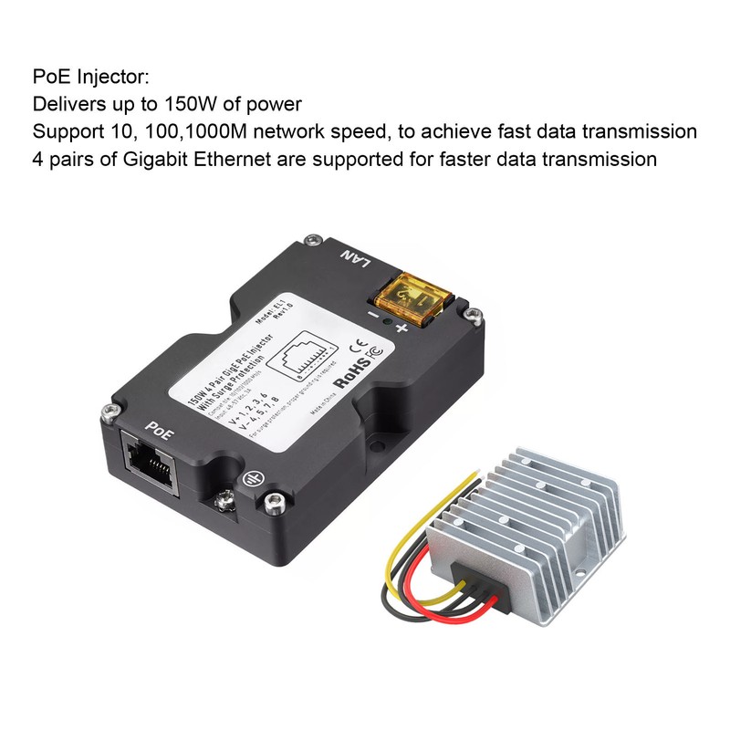 150W DC 48‑57V GigE PoE Injector with ABS Surge ESD