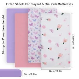 Newvenper Crib Sheet for Boys and Girls, Super Soft Microfibre Crib Sheet Set, Breathable Cot Sheet, for Cot and Toddler Mattress, 130x70x20cm, Butterfly & Flower & Pink & Purple,4pcs
