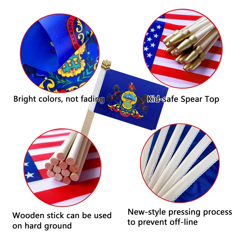 Pennsylvania PA State Flag on Wood Stick Small Mini Hand