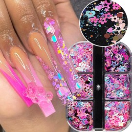 Heart Nail Art Glitters Sequins Mixed Hollow Star Flower Nail Sequins Star Holographic Flake Nail Glitter Powder Hexagon Chunky Glitter Confetti for Acrylic Nails Decorations DIY Crafts