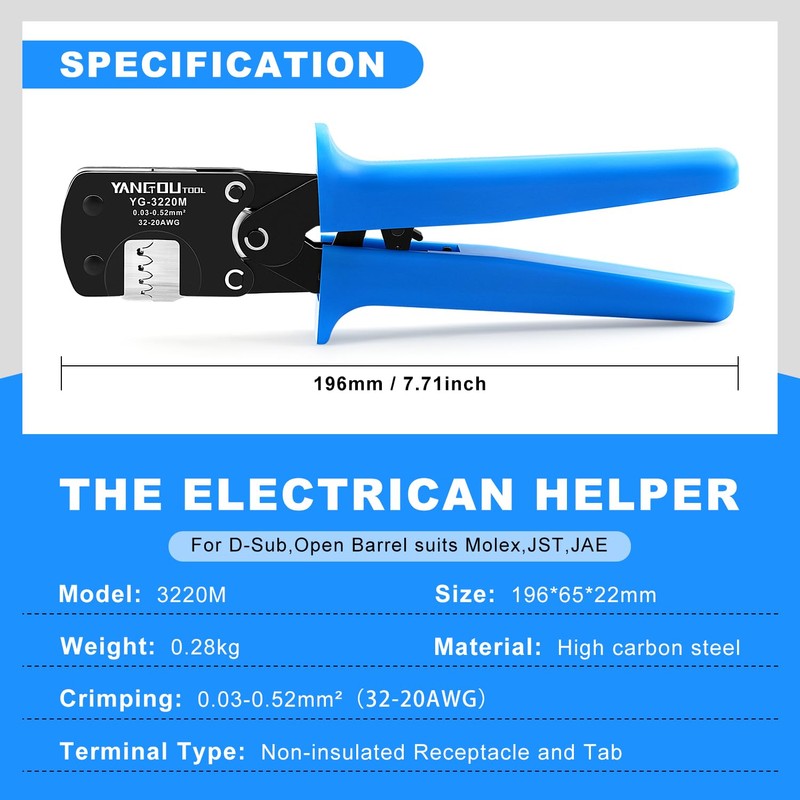 Yangoutool Micro Molex Crimper: 32-20AWG (0.03-0.52mm², 0.2-0.81mm), Compatible with Molex,