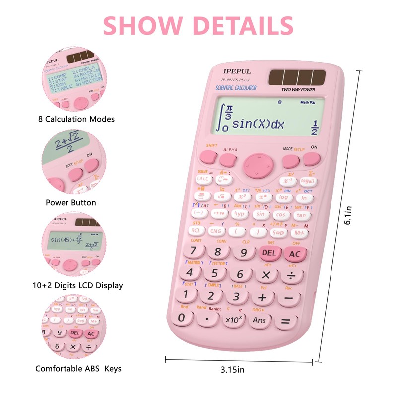 Scientific Calculators, IPepul Pink Math Calculator with 417 Function, Solar